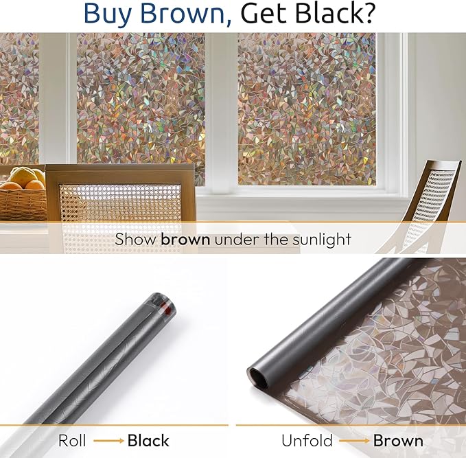 rabbitgoo Window Privacy Film Rainbow Film Decorative Window Sticker, 3D Static Stained Glass Cling Tint for Home Heat Control Non-Adhesive, Brown, 17.5 x 157.4 inches