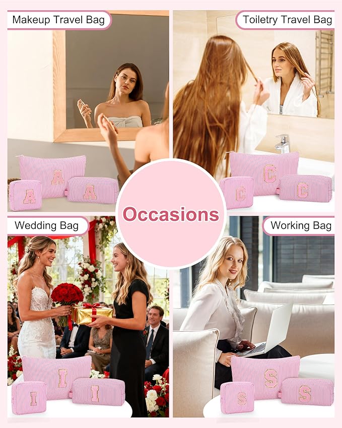 MONSTINA Personalized Initial Makeup Bag|Toiletry Bag for Women,Make Up Case for Girlfriend Bridesmaid Wife,Birthday Gift for Her Cute,3PCS,Pink C