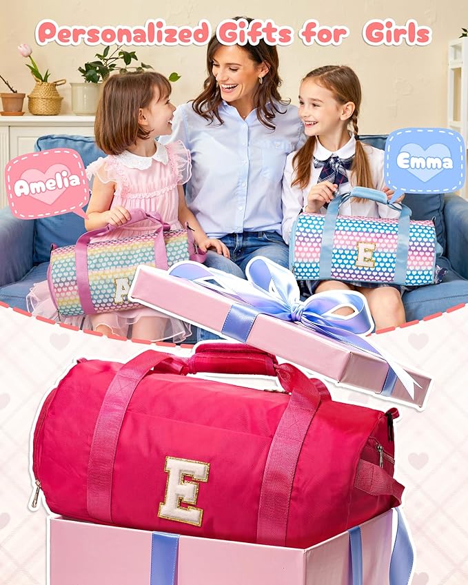 Christmas Gift for Grandkids, Girls Travel Duffel Bag, Kids Initial Overnight Bags with Shoe Compartment, Customized Sport Gym Weekender Bag with Makeup Pouch, Teen Girl Gifts (Letter W)