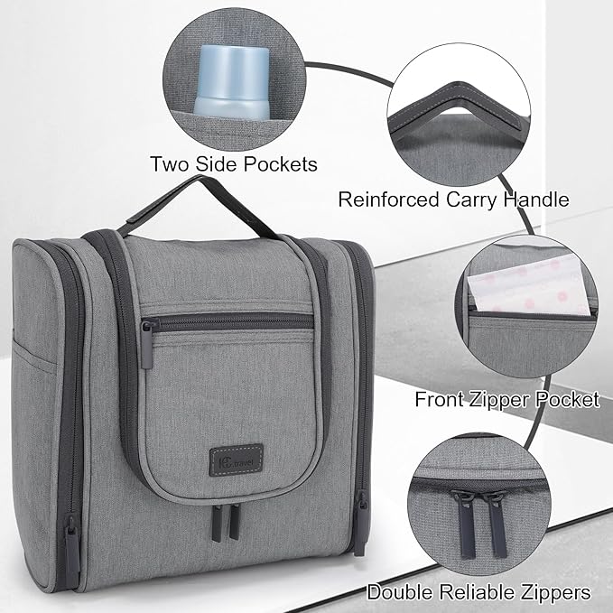 Hanging Toiletry bag & Makeup Bag for Travel, Water-Resistant Organizer Toiletries Bag with Separate Compartments, Travel Essentials Kit (Gray)