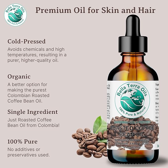 Bella Terra Oils - Roasted Coffee Bean Oil 4 oz - Dive into The Heart of Coffee Extract, Boosted with Essential Fatty Acids, A Luxurious Experience