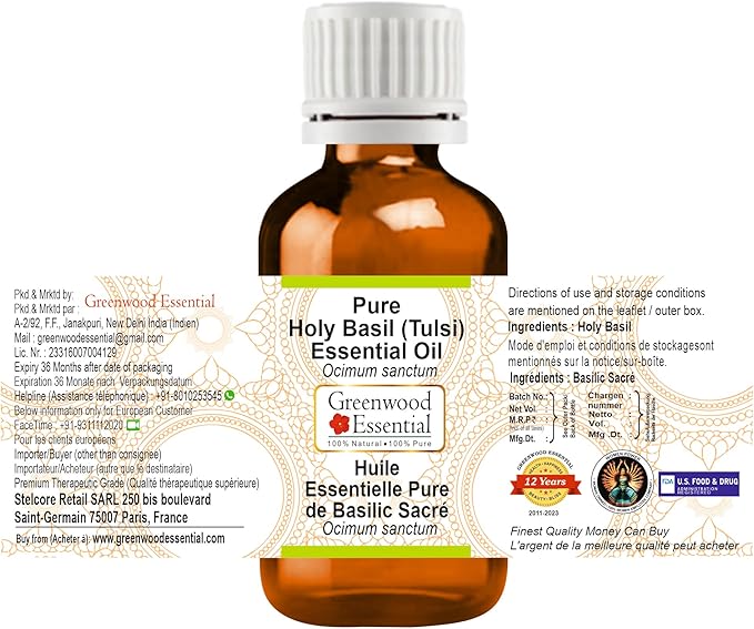 Greenwood Essential Pure Holy Basil Essential Oil (Ocimum Sanctum) Steam Distilled 15ml (0.50 oz)