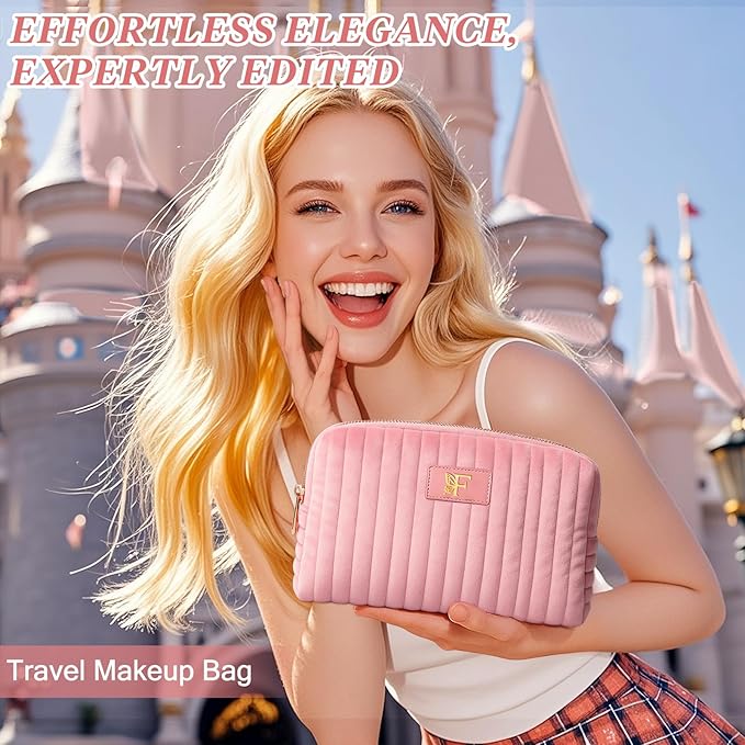 Monogrammed Make Up Bags for Women,Personalized Cosmetic Bags Women,Small Quilted Makeup Pouch,Cute Makeup Bag Travel,Birthday Gifts for Teen Girl (Pink F)