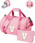 Girly Trendy Stuff, Girls Travel Duffle Bag, Kids Initial Overnight Bags with Shoe Compartment, Personalized Weekend Bag with Makeup Pouch, Gift for 5 6 7 8 9 10 Year Old Kid (Letter V)