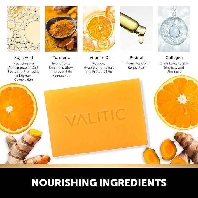VALITIC Kojic Acid Vitamin C and Retinol Soap Bars with Turmeric for Dark Spot - Original Japanese Complex with Collagen, Hyaluronic Acid, Vitamin E (2-Pack) - with Soap Holder