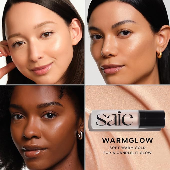 Saie Glowy Super Gel - Hydrating Makeup Primer and Illuminating Glow Serum Enriched with Vitamin C and Squalane Oil - All-Over Liquid Highlighter Makeup for Instant Glass Skin - Warmglow (1 oz)