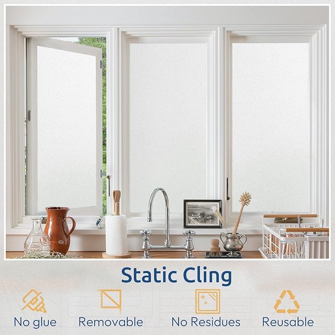 rabbitgoo Window Privacy Film, Non-Adhesive Frosted Glass Window Film for Bathroom, Static Cling Heat Blocking Stickers for Home Indoor Opaque Frosting Coverings House Tint, Matte White 17.5" x 78.7"
