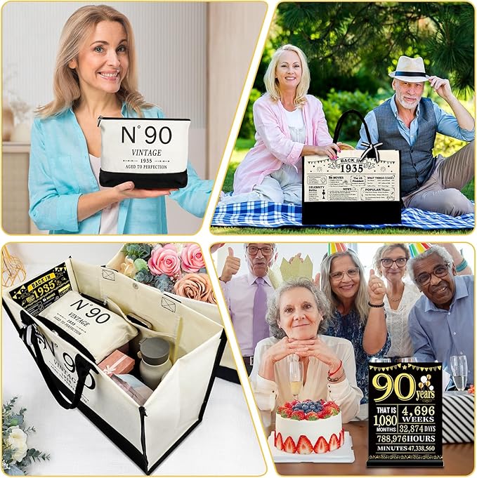 90th Birthday Gifts for Women Canvas Tote Bag Travel Gear, Unique 90 Years Old Gifts for Wife Sister Mom Aunt Friends Her, Vintage N°90 Handbag & Cosmetic Bag & Back in 1935 Poster