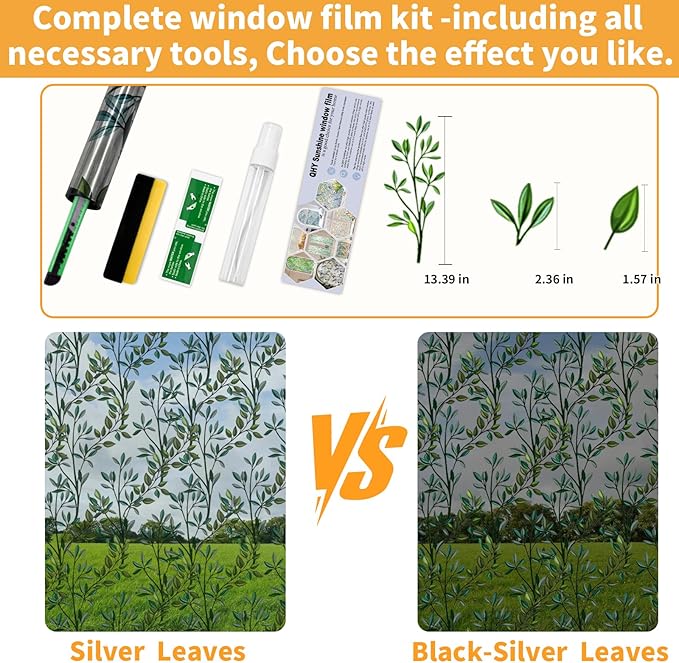 One Way Privacy Film, Window Tint for Home,Daytime Reflective, Anti UV Static Cling Sliding Door Coverings No Glue Garage Solar Paper (Black - Silver-Leaves, 17.5 x 78.7 in)