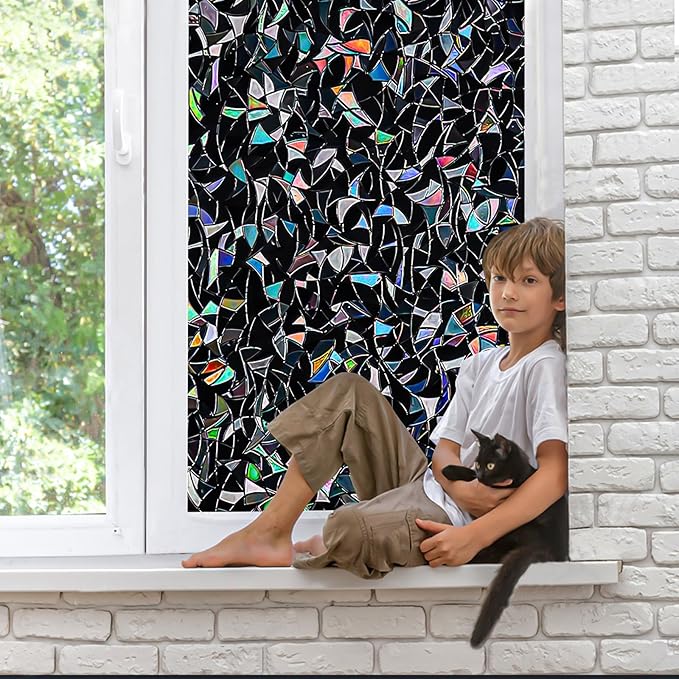 QHY Sunshine Total Blackout Window Film Privacy， Frosted Glass Window Film，Black Window Tint， No Glue， Detachable, no Marks, Suitable for Repeated use (Black Rainbow, 17.5 in X 78.7 in)