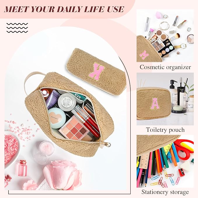 for Christmas Day Gifts, Personalized Initial Cosmetic Bag Pouch for Teen Girls, Preppy Makeup Travel Bags for Daughter Sister Girlfriend, Monogramed Make Up Pouch for Birthday Gifts - Brown W