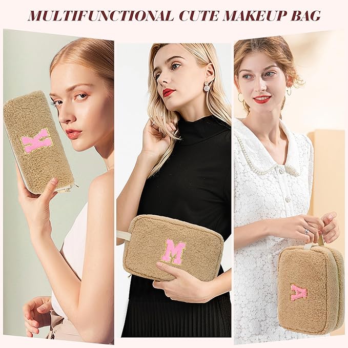 for Christmas Day Gifts, Personalized Initial Cosmetic Bag Pouch for Teen Girls, Preppy Makeup Travel Bags for Daughter Sister Girlfriend, Monogramed Make Up Pouch for Birthday Gifts - Brown X