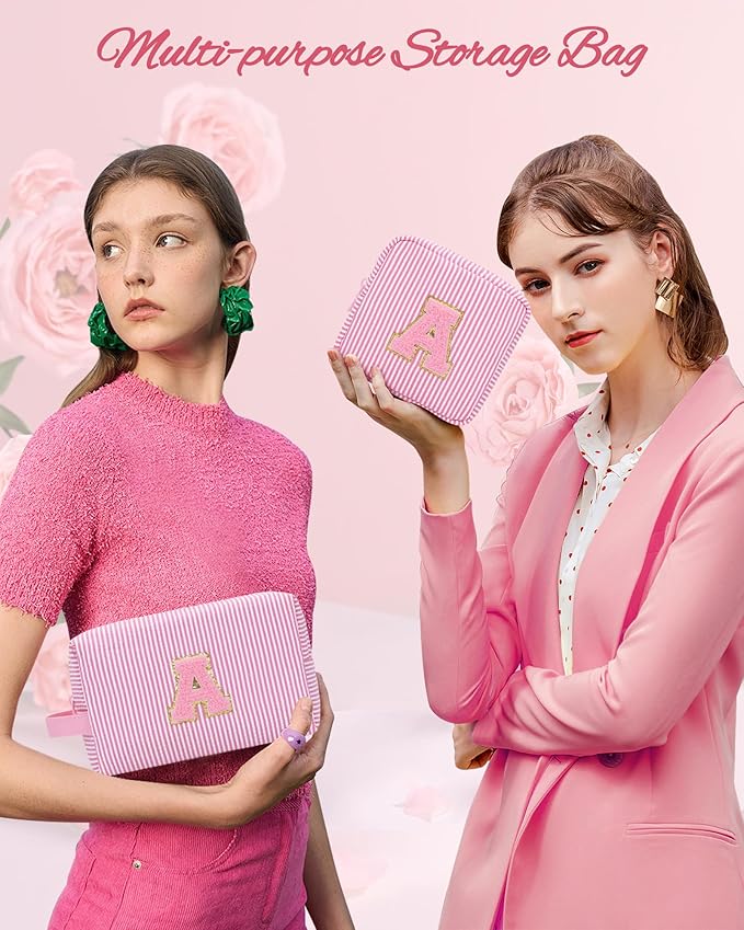 MONSTINA Personalized Initial Makeup Bag Set for Girls&Women,Personalized Make Up Case for Girlfriend Graduation Teacher Gifts,Cute Toiletry Bag Preppy Chenille Letter Patch,2PCS,Pink V