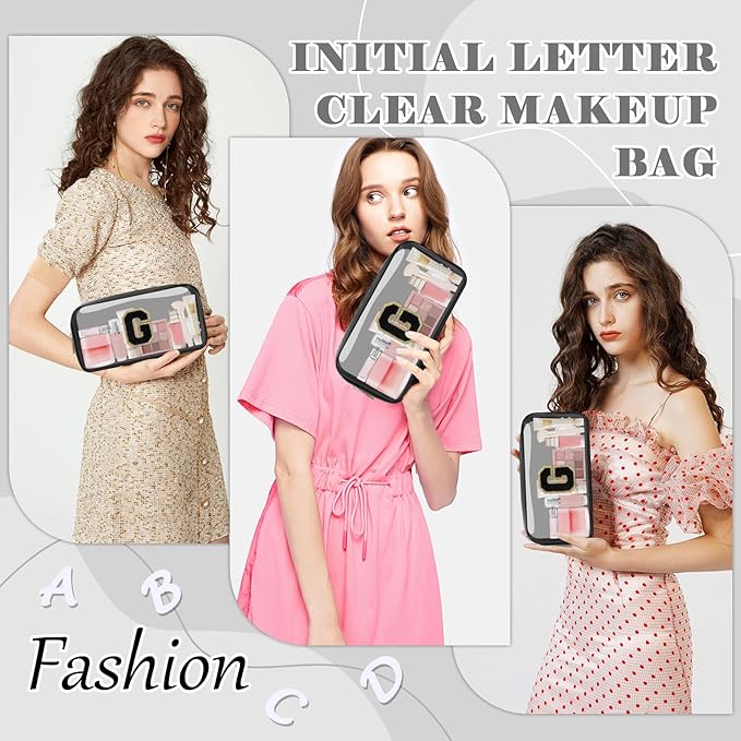 Personalized Initial Letter Clear Makeup Bag,Preppy Small Nylon&PVC Cosmetic Zipper Bag with Chenille Letter,Travel Skincare Toiletry Bag,Monogram Christmas Gift for Teen Girls Women,G