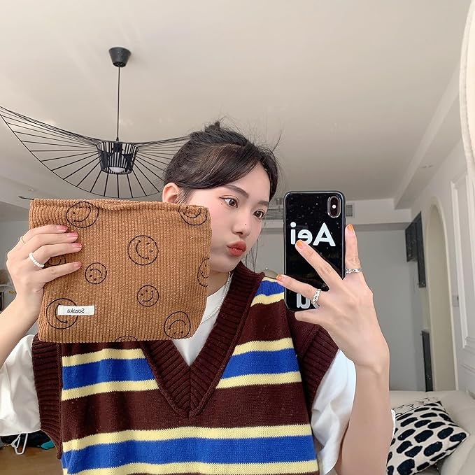 Cosmetic Bags for Women - Corduroy Cosmetic Bag Aesthetic Women Handbags Purses Smile Dots Makeup Organizer Storage Makeup Bag Girls Case Bags (A-Brown)