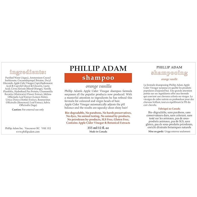 Phillip Adam Orange Vanilla Shampoo and Conditioner Set for All Types of Hair – Apple Cider Vinegar Formula - Enhance Shine and Restore Smoothness - 12 Ounce Each
