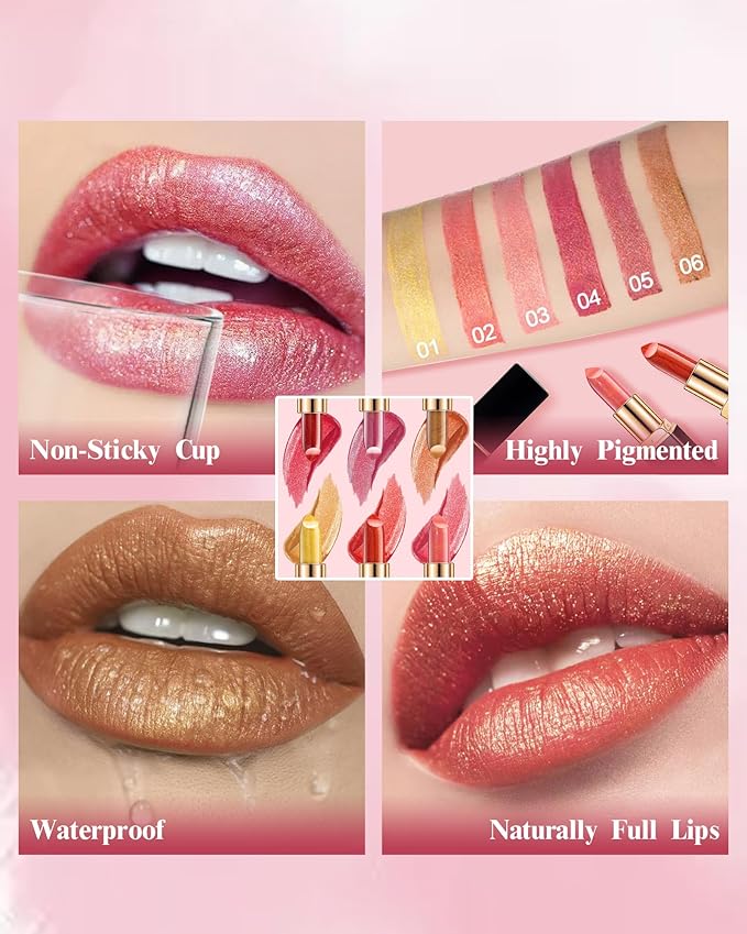 Metallic Pink Color Changing Shimmer Lipstick for Women,3D Shine High Impact Long Lasting Hydrating Transfer Proof Lipstick,Creamy Matte Non Sticky Plumping Lip Gloss,Full Coverage Lip Color Makeup 05