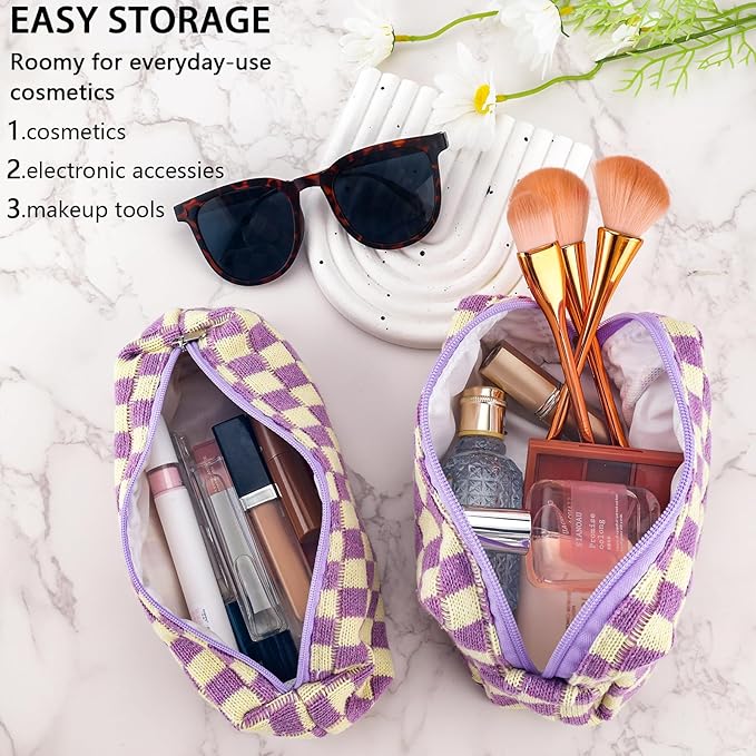 2Pcs Checkered Pencil Case Cute Pencil Pouch for Teens Checkered Makeup Bag Travel Cosmetic Bag Set Cute Makeup Pouch for Purse Portable Zippered Skincare Bags Preppy Toiletry Bags Organizer(Purple)