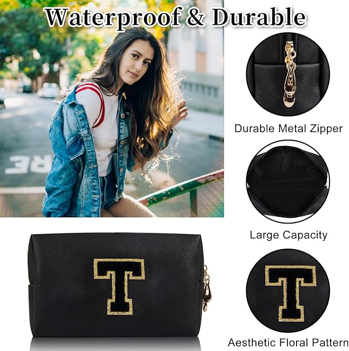 Personalized Initial Letter Patch Makeup Bag, Portable Chenille Letters Cosmetic Bag with Zipper, PU Leather Waterproof Travel Toiletry Bag Monogram Make Up Pouch for Women Girls(Letter T)
