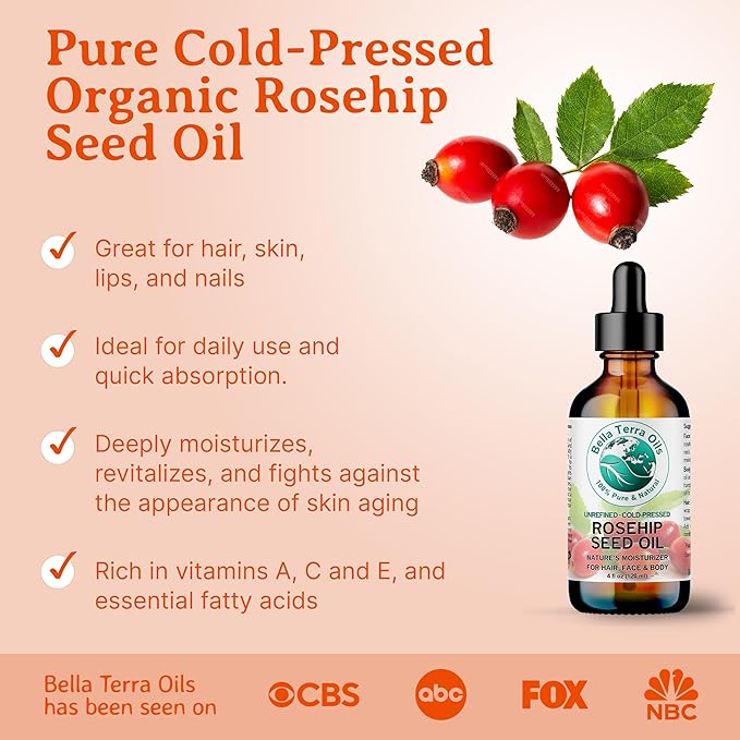 Bella Terra Oils Pure Rosehip Seed Oil – 1 gallon, Nourishing, Hydrating, Rejuvenating, Rich in Vitamins, Enhances Hair and Skin Health