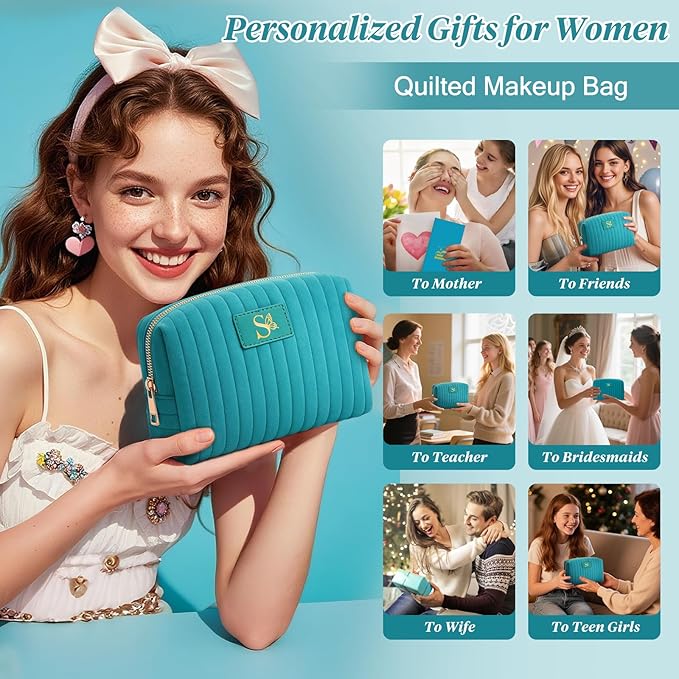 Monogrammed Make Up Bags for Women,Personalized Cosmetic Bags Women,Small Quilted Makeup Pouch,Cute Makeup Bag Travel,Birthday Gifts for Teen Girl (Blue S)
