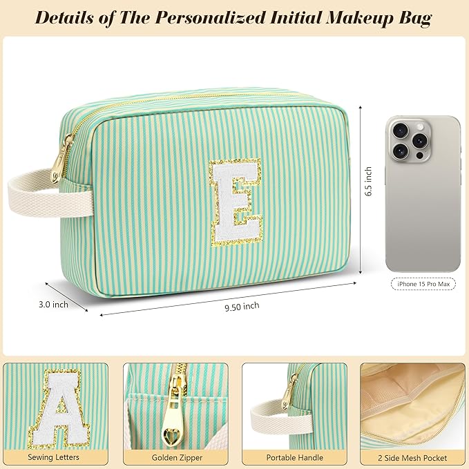 Travel Makeup Bag Christmas Gifts for Women Girl Teens, Personalized Initial Makeup Bag for Cute Teen Girls, Preppy Stuff Toiletry Bag Cosmetic Bag, Teen Girls Gift Trendy Stuff, Letter R