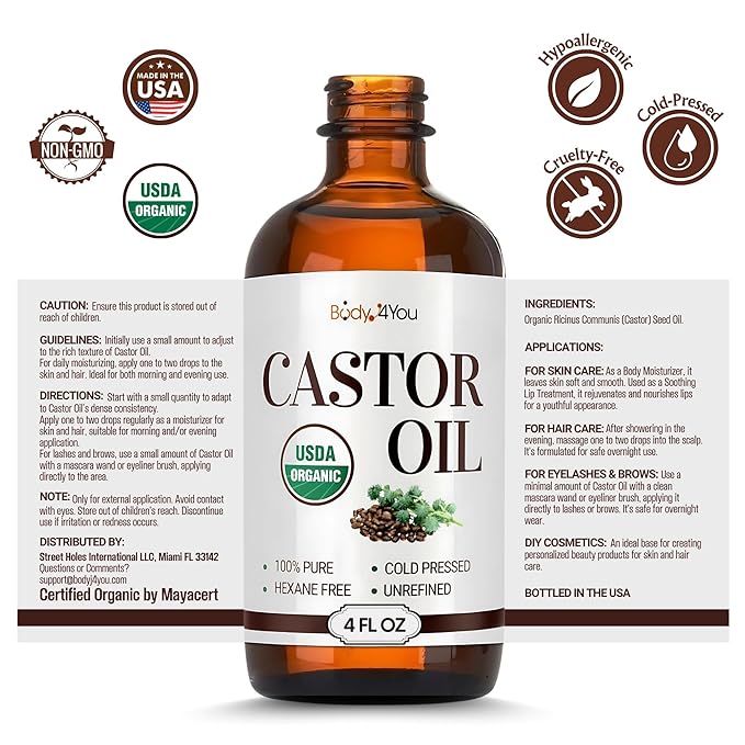 BodyJ4You Organic Castor Oil - 100% Pure Natural Cold Pressed USDA Certified Organic - Hexane Free Unrefined Non GMO - Lashes & Eyebrow Kit Mascara Tube Brush Wand Hydrating Oil - Glass Bottle 4oz