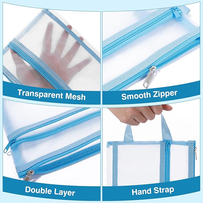 6 Pack Mesh Zipper Pouch Bags, Double Layer Nylon Pouch with Handle for Office Travel Organization (White, A5)