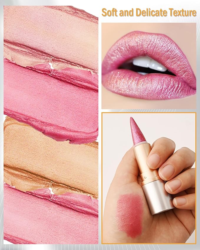 Rose Pink Glitter Lipstick Lip Liner,Shimmer Metallic Matte Long-Lasting Waterproof Non-stick Lip Tint Stain,High Pigmented Lip Gloss Full Coverage lipcolor Pen,Christmas Makeup Gift for Women-03