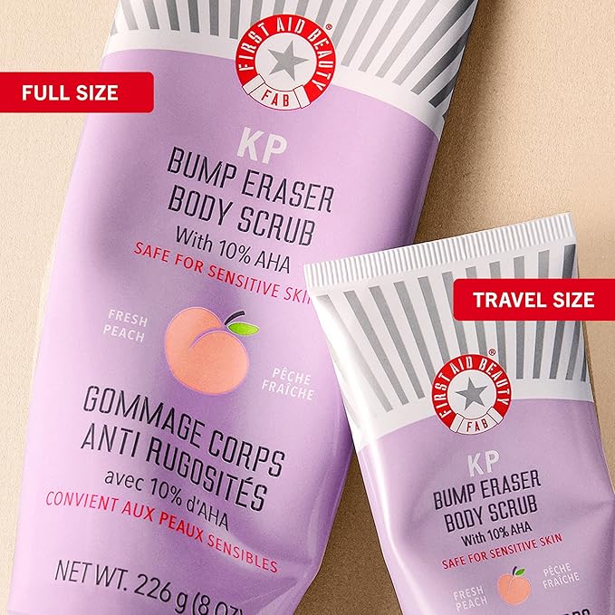 First Aid Beauty - KP Bump Eraser Body Scrub with 10% AHA, Keratosis Pilaris Exfoliator with Glycolic and Lactic acids, Helps Reduce Chicken Skin Bumps, Safe for Sensitive Skin, Peach Scent (8 oz)