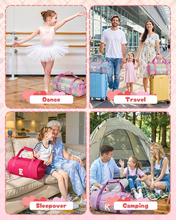 Gifts for Teenage Girl, Girls Travel Duffel Bag, Kids Initial Overnight Bags with Shoe Compartment, Personalized Gym Ballet Dance Bag with Makeup Pouch, Trendy Stuff (Letter L)