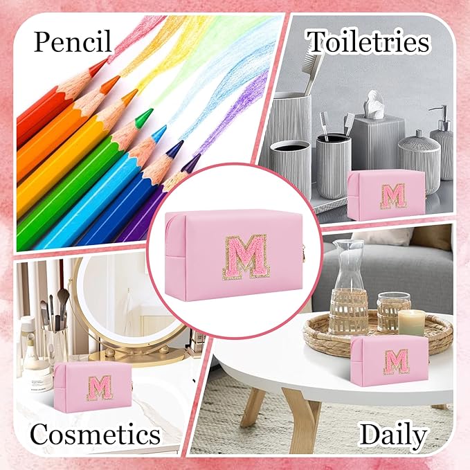 Small Personalized Glitter Initial Letter Makeup Bag, Cute PU Leather Chenille Letters Cosmetic Bag Travel Makeup Pouch, Preppy Travel Organizer Zipper Pouch for Women&Girls（PinkPink-M）