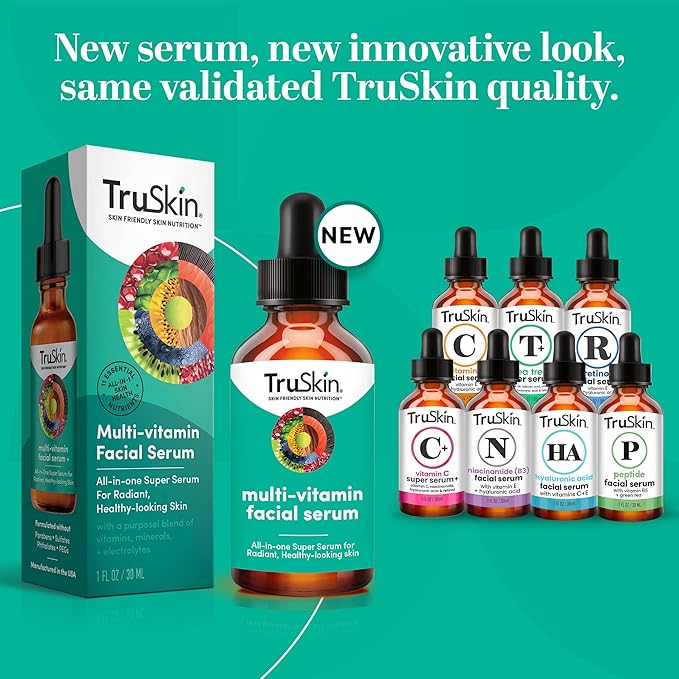 TruSkin Facial Serum with 11 Plant-Derived Vitamins & Minerals for Radiant, Healthy-Looking Skin – Powerful Antioxidants and Nourishing Vitamins for Skin Nutrition, 1 fl oz