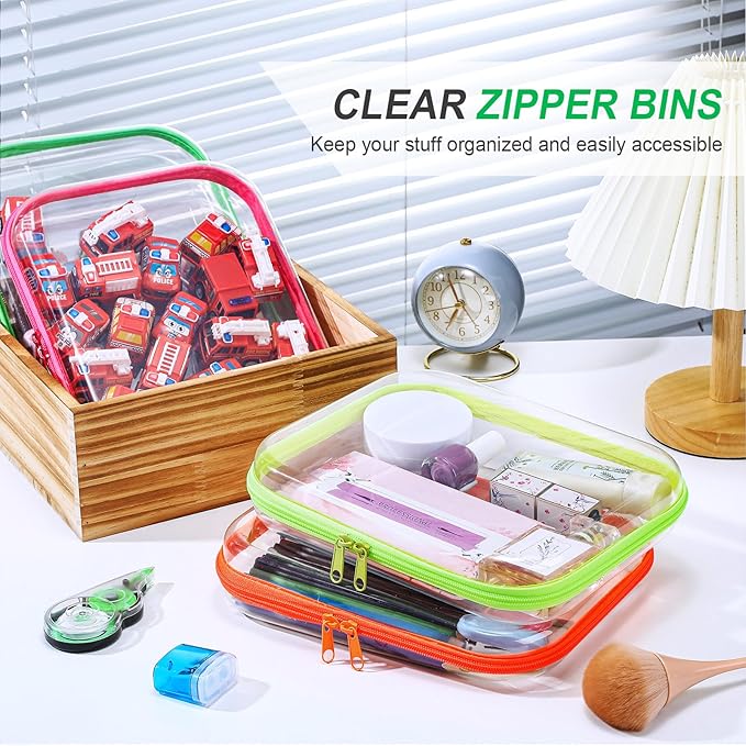 Hoolerry 4 Pcs Hard Clear Zipper Case Makeup Bags Plastic Pencil Pouch Transparent Storage Box Containers for Cosmetics, Snacks, Building Blocks, Puzzles(Fluorescent,9.8 x 7.9 x 2 in)