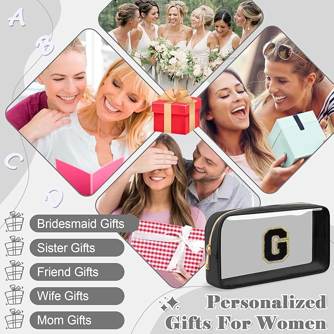 Personalized Initial Letter Clear Makeup Bag,Preppy Small Nylon&PVC Cosmetic Zipper Bag with Chenille Letter,Travel Skincare Toiletry Bag,Monogram Christmas Gift for Teen Girls Women,G