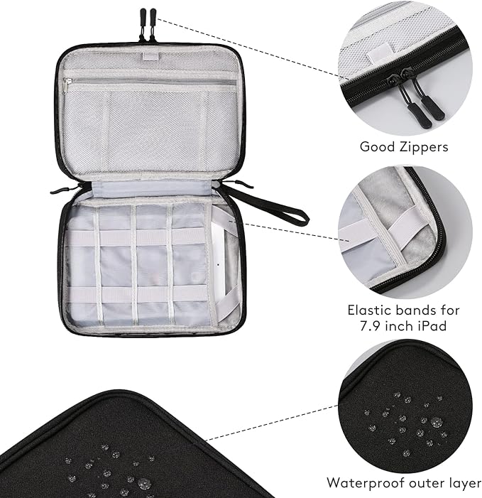 DDgro Travel Electronics Organizer Pouch Bag for Tech Gadgets & Airplane Accessories, for Cables/Cords & Chargers/iPad Mini (Large, Black)
