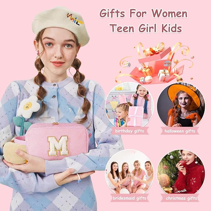 YOOLIFE Makeup Bag for Women - Monogram Cute Initial Pink Makeup Bags Cosmetic Toiletry Pouch Make Up Case for Her Best Friend Friendship Sister Teacher, Personalized Birthday Gifts for Women C