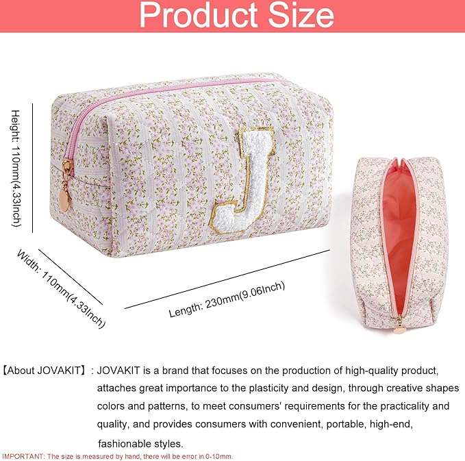 JOVAKIT Makeup Bag Cosmetic Bags for Women, Christmas Gifts for Girls Age 6-18, Alphabet Pink Floral Coquette Zipper Travel Makeup Pouch, Organizer Case Trendy Stuff (Pink+ Blue J)