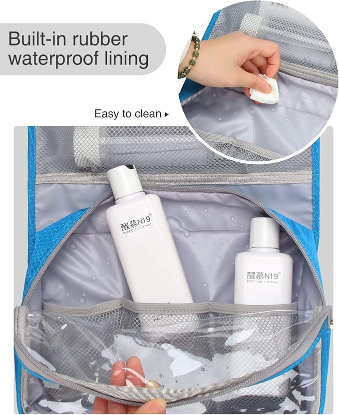 Relavel Travel Hanging Toiletry Bag for Women Men Large Capacity Makeup Bag Waterproof Cosmetic Storage Organizer Case for Bathroom Shower (Blue)