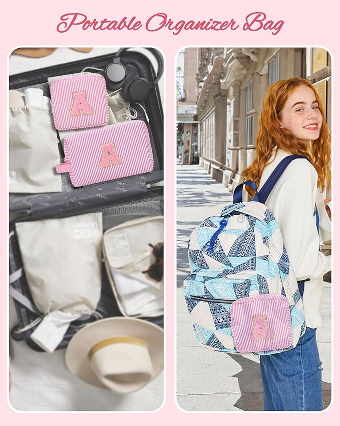 MONSTINA Personalized Initial Makeup Bag for Women,Monogram Make Up Case for Girlfriend Bridesmaid Wife,Birthday Gift for Her Cute Toiletry Bag,2PCS,Pink E