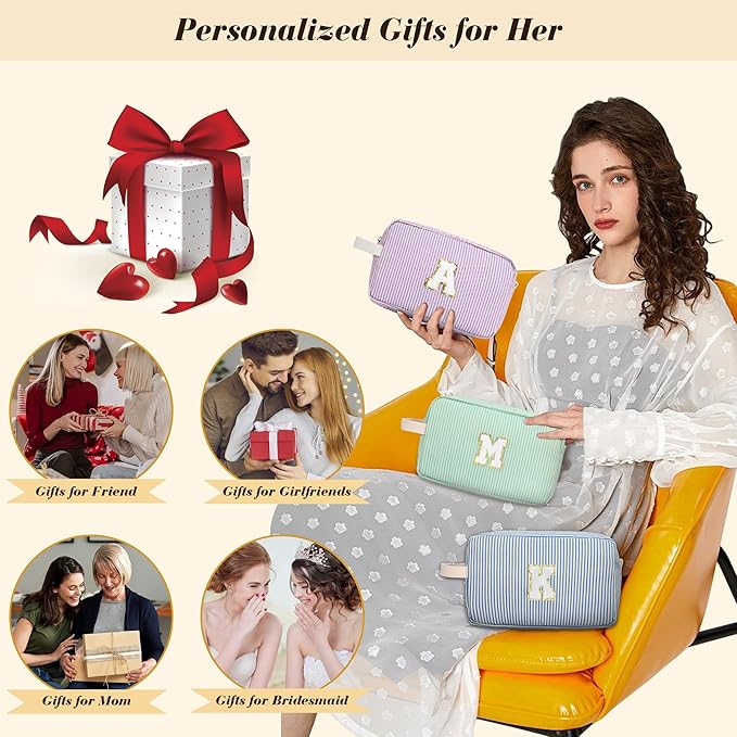 Travel Makeup Bag Christmas Gifts for Women Girl Teens, Personalized Initial Makeup Bag for Cute Teen Girls, Preppy Stuff Toiletry Bag Cosmetic Bag, Teen Girls Gift Trendy Stuff, Letter M