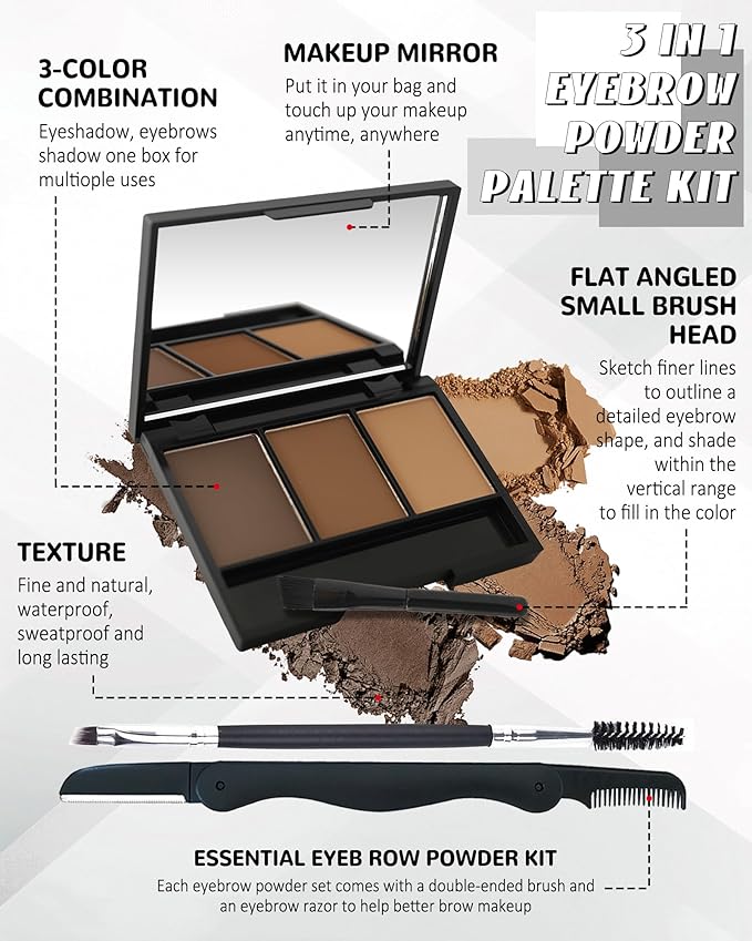 Eyebrow Powder Kit,3 Color Dark Brown Grey Light Auburn Eye Brow Powder Palette with Razor Brush,Long Lasting Waterproof Brow Filler Fill Sculpt Full Eyebrows,Christmas Makeup Gift Set for Women-02