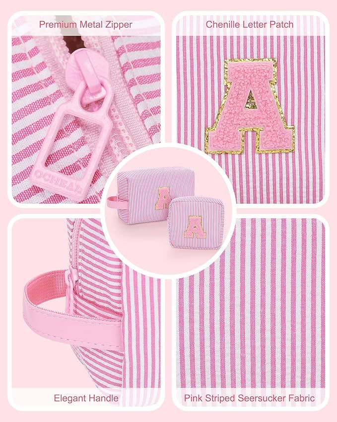 MONSTINA Initial Makeup Bags for Women|Cosmetic Bag for Travel Toiletry - Birthday Gifts for 11 12 13 14 15 16 17 18 Years Old Girls- Graduation Teen Girl Gifts Trendy Stuff Teacher Gift,2PCS,Pink S