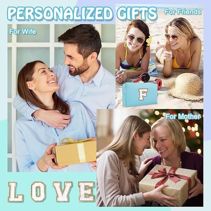 Personalized Small Initial Preppy Makeup Bag, Blue Cute Cosmetic Organizer Chenille Letter Travel Toiletry Zipper Pouch, Portable Waterproof Makeup Case Friendship Gifts for Families Friends(Letter F)
