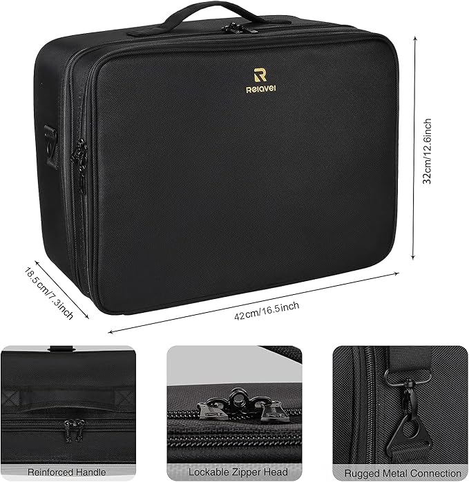 Relavel Extra Large Makeup Case and Clear Makeup Bag, Travel Cosmetic Train Case Professional Makeup Artist Bag with Adjustable Dividers and Shoulder Strap, Portable Nail Organizer Box (Black)