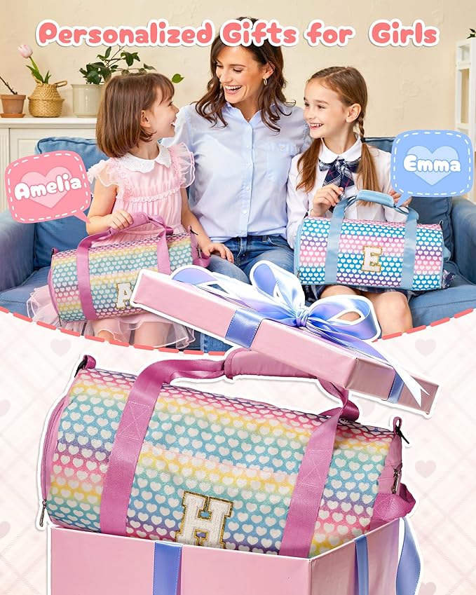 Gifts for Grandkids, Girls Travel Duffel Bag, Kids Initial Overnight Bags with Shoe Compartment, Personalized Weekender Bag with Makeup Pouch, Teen Girl Gift Trendy Stuff (Letter I)