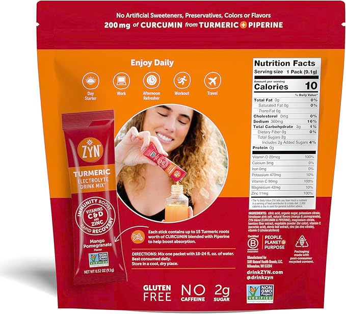 ZYN Electrolyte Drink Mix Hydration Packets, Mango Pomegranate Electrolytes Powder, Pack of 32