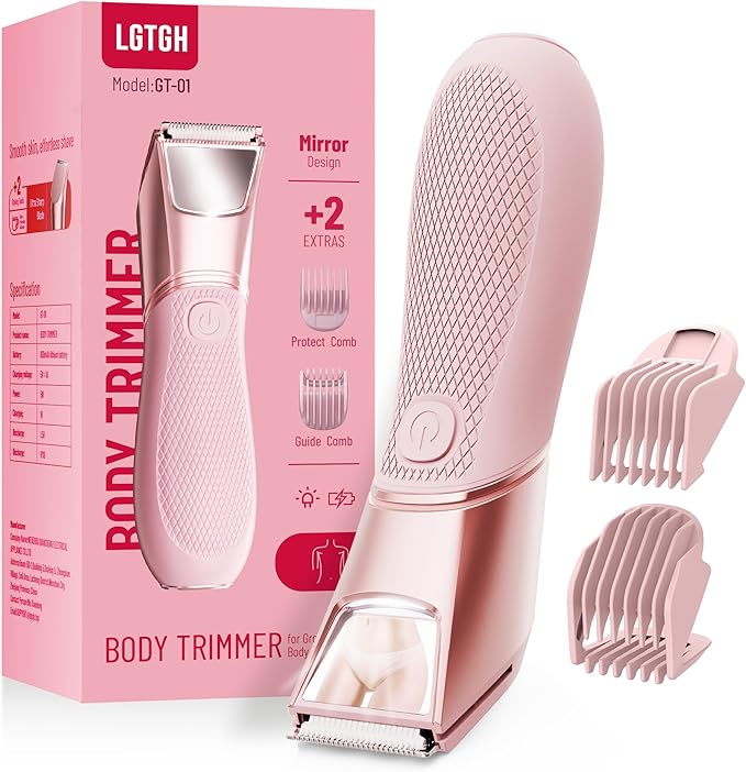 Bikini Trimmer for Women: Pubic Hair Razor with Mirror & LED Light, Electric Shaver with Ceramic Blades & Travel Lock - Body Groomer IPX7 Waterproof Use for Legs/Arm/Underarm