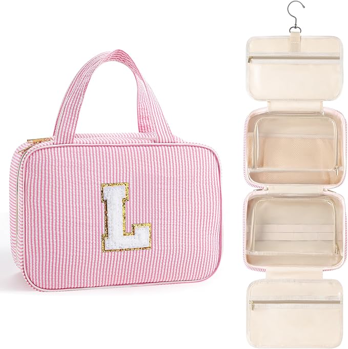 TOPEAST Christmas Gifts for Women Teen Girls Kids - Travel Hanging Toiletry Bag, Personalized Initial Toiletry Pouch, Birthday Gifts for Women Mom Daughter Sister Friends, Cruise Essentials, Pink L