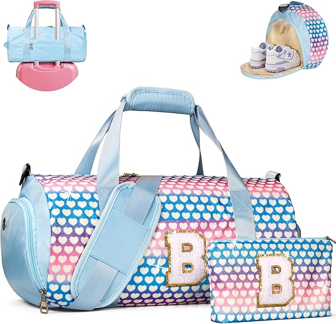 Stocking Stuffers for Teens, Girls Travel Duffel Bag, Kids Initial Overnight Bags with Shoe Compartment, Initial Duffle Bag with Makeup Pouch, Trendy Stuff for Tween Girl (Letter B)